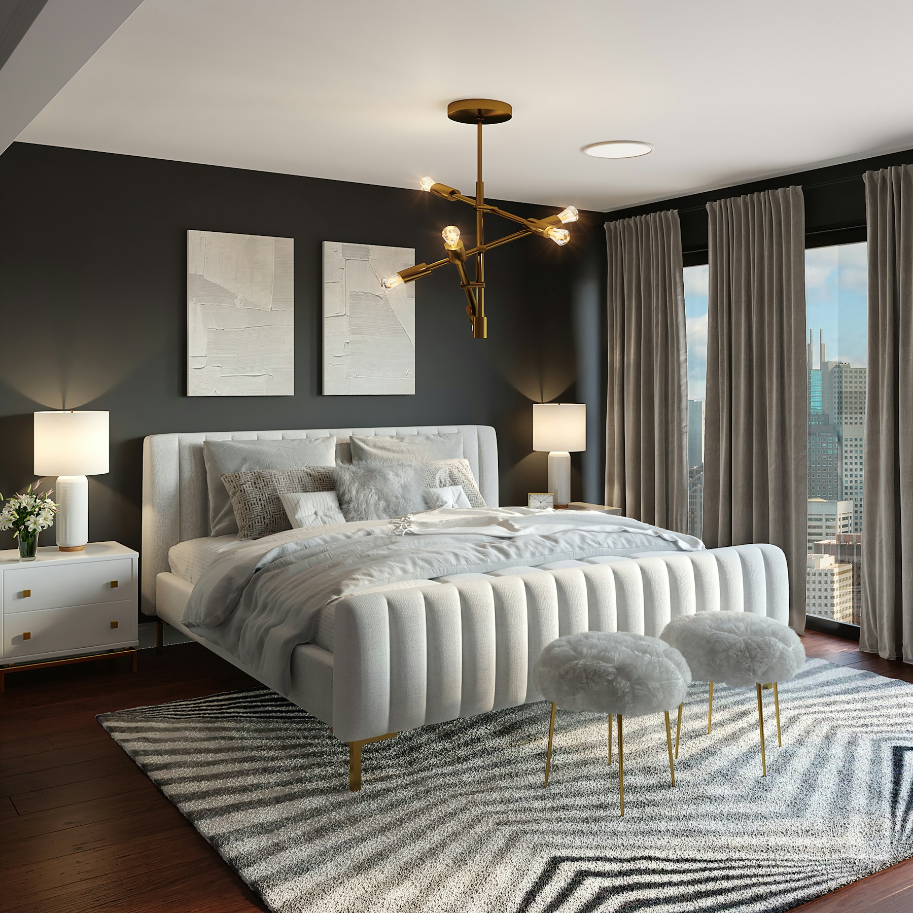Refined bedroom interior with dark wood-look floor
