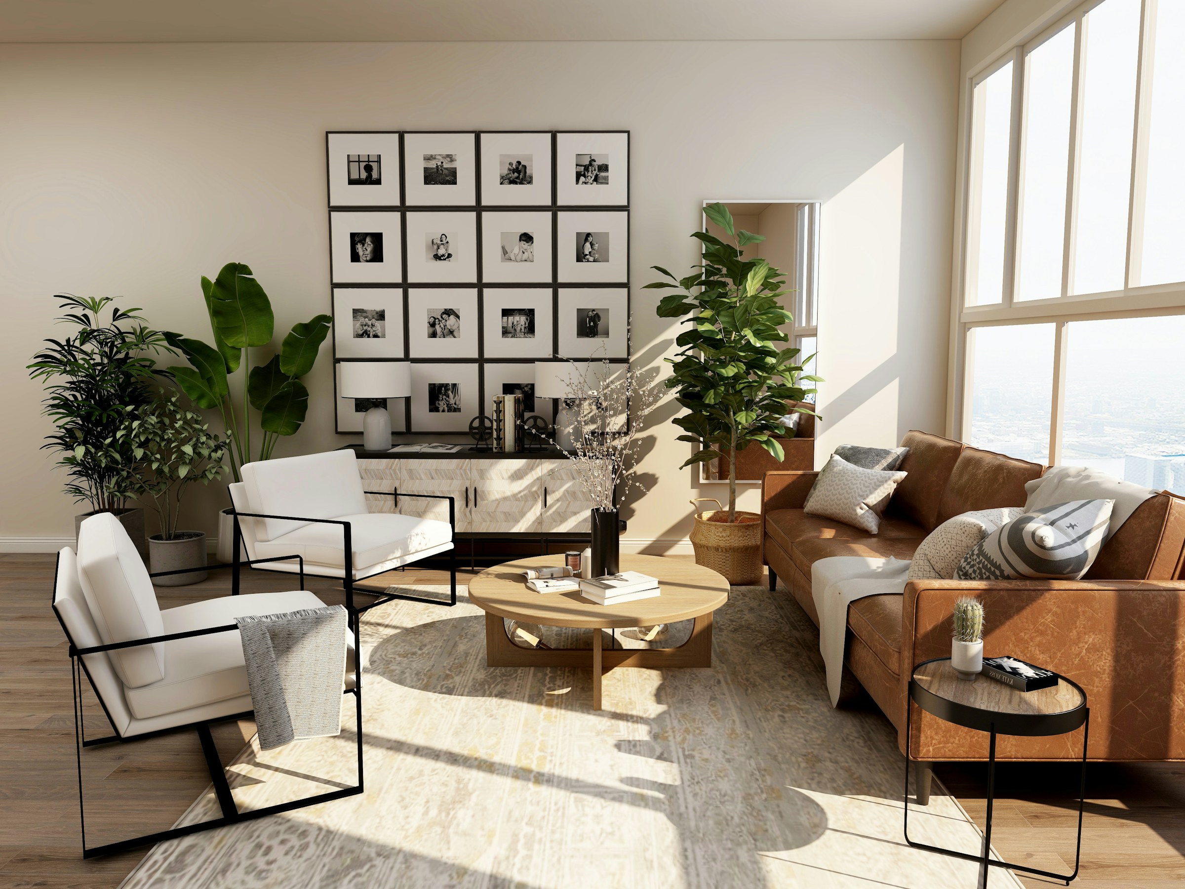 Sunlit living room with warm wood flooring