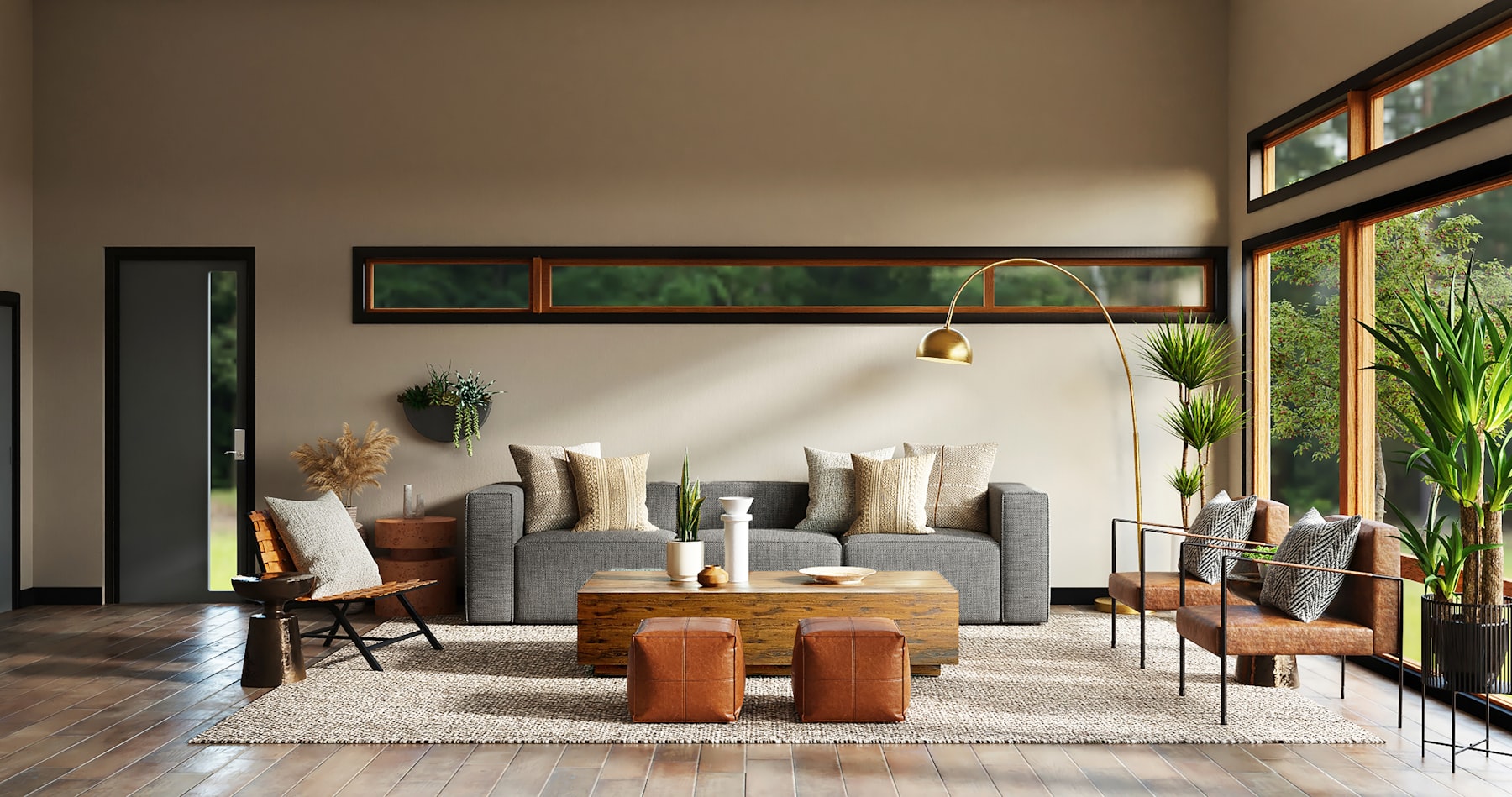 Warm contemporary living room with wood flooring in natural light